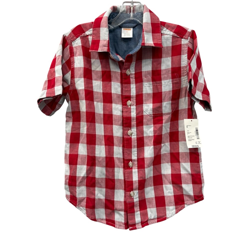 Gymboree Button Down Shirt Boys Size 6 Gingham Red Short Sleeve Plaid
